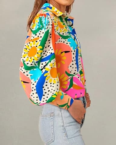 BTFBM Women Fashion Button Down Shirts V Neck Printed Solid Boho Long Sleeve Blouses Dressy Casual Summer Fall Tops(Multi Orange, Large) - Image 5