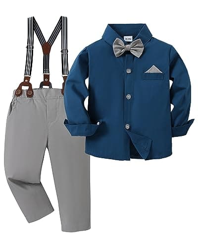 DISAUR Matching Family Outfits Long Sleeve Dark Blue Grey Dress Shirt Bow Tie Suspender Pants Boys Church Outfit 4t 5t 4-5t - Image 1