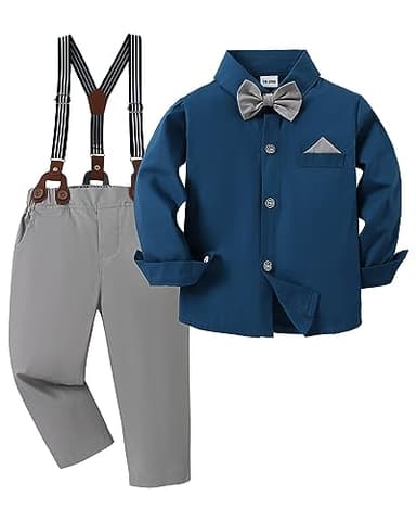 DISAUR Matching Family Outfits Long Sleeve Dark Blue Grey Dress Shirt Bow Tie Suspender Pants Boys Church Outfit 4t 5t 4-5t - Image 1