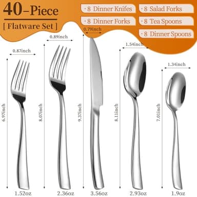 40-Piece Silverware Set, Heavy Duty Stainless Steel Flatware Cutlery Set Service for 8, Food-Grade Utensil Sets for Home Restaurant, Dishwasher Safe - Image 2