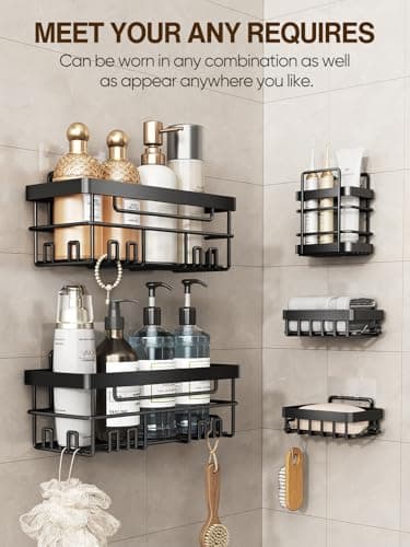 Cobbe Adhesive Shower Caddy 5-Pack, Large Wall Mounted Shower Shelves Rack, Organizer Storage Accessories with Soap Dish&Toothbrush Holder, Shelves for Bathroom Storage & Home Kitchen Decor, Black - Image 3