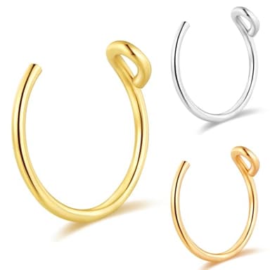 Set of 3 - Fake Clip On Nose Ring Hoop for Women - No Piercing Needed Nose Cuff - 22 Gauge - 7mm - Faux Nose Septum Ring - Gold, Sterling Silver, Rose Gold - 22g - Image 7