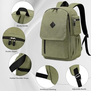 Canvas Backpack for Men Women Laptop Bag 15.6 inch Vintage Rucksack Casual Travel Daypack Large Durable Knapsack College Tote Satchel Anti Theft Bookbag for Teens Girls Boys Hiking Sports Green - Image 4