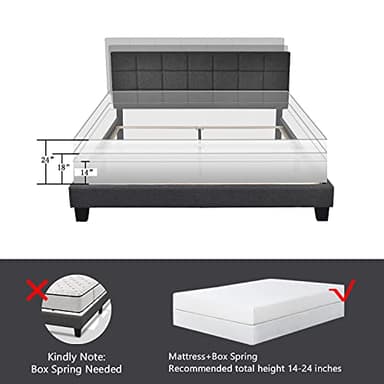 Allewie Full Size Panel Bed Frame with Adjustable Headboard for High Profile/Fabric Upholstered/Square Stitched Padded Headboard/Box Spring or Bunkie Board Required/Dark Grey - Image 7