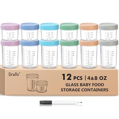 DRKIO 12 Pack Glass Baby Food Storage Containers - 4 & 8 oz Baby Food Jars with Lids Baby Food Maker Microwave Dishwasher Freezer Safe 100% Leak Proof BPA Free Reusable - Image 1