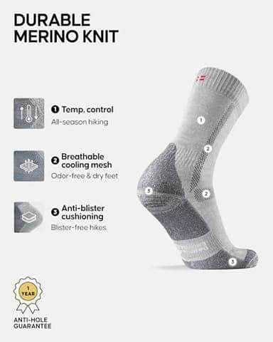 DANISH ENDURANCE Hiking Socks Women & For Men, Merino Wool Socks, Crew Mens, Womens Moisture Wicking, Work, Calcetines para Hombre, Grey, Medium - Image 2