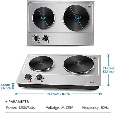 Hot Plate,Cusimax Double Burner 1800W Cast Iron Heating Plate,Electric Stove with Adjustable Temperature Control,Stainless Steel,Suitable for Various Scenarios Upgraded Version - Image 4