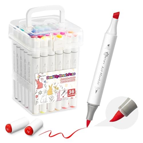 Simetufy 36 Colors Alcohol Markers Brush and Chisel Dual Tip, Coloring Alcohol Markers Set for Coloring Books Drawing Supplies, Basic Bright Colors - Image 1