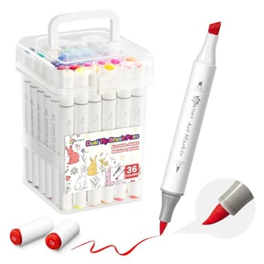 Simetufy 36 Colors Alcohol Markers Brush and Chisel Dual Tip, Coloring Alcohol Markers Set for Coloring Books Drawing Supplies, Basic Bright Colors - Image 1