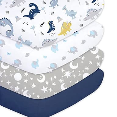 Plushii Crib Sheets for Baby Boys 4 Pack, 28"x 52" Extra Soft Microfiber Crib Sheet Set for Standard Crib & Toddler Mattress Pad, Dinosaur & Elephant & Stars & Navy Blue - Image 1