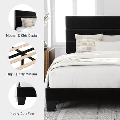 Allewie King Size Platform Bed Frame with Velvet Upholstered Headboard and Wooden Slats Support, Fully Upholstered Mattress Foundation/No Box Spring Needed/Easy Assembly, Black - Image 6