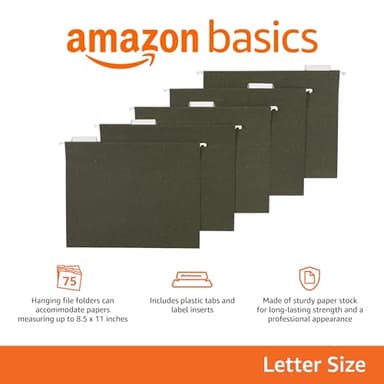 Amazon Basics Hanging File Folders, Letter Size, 1/5-Cut Tabs, 75 Count per Box, Standard Green - Image 3