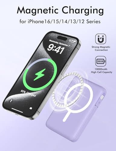 podoru for Magsafe Battery Pack, 10000mAh Magnetic Power Bank Built-in Double USB-C Cables 22.5W PD Fast Charging LED Display Wireless Portable Charger for iPhone 16/15/14/13/12/ All Series-Purple - Image 5