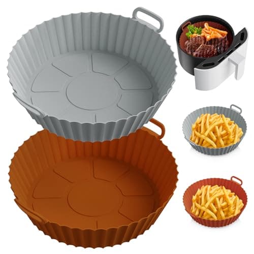 ME.FAN Air Fryer Silicone Liners for 4 to 7 QT [2 Pack] Reusable Air Fryer Basket with Handles & HolesLight Grey+Dark Orange - Image 1