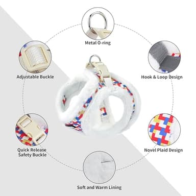 AIITLE Warm Plush Dog Vest Harness and Leash Set - No-Pull Plaid Dog Harness with Safety Buckle - Cold Weather Dog Harness for Indoor and Outdoor Use for Puppy and House Cats White XXS - Image 2
