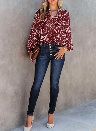 Dokotoo Womens Juniors Summer Tops 2025 Fashion Trendy Casual Dressy Fall Outfits Smocked Long Sleeve T Shirts Alicia Flower Print V Neck Business Work Tunic Bohemian Floral Top Medium Biking Red - Image 4