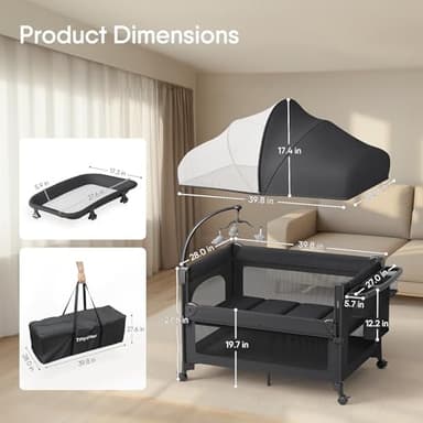 TinyGlow 4 in 1 Baby Bassinet, Pack and Play, Bedside Crib Sleeper, Diaper Changer, Quickly Assembled and Folded Portable Crib with Mattress and Mosquito Net, Easy to Carry - Image 6