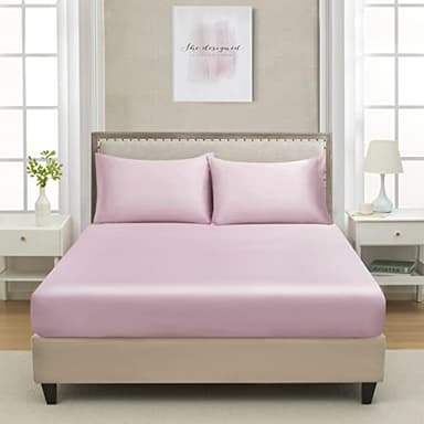 Queen Silk Satin Fitted Sheet, Soft Deep Pocket Single Bottom Bed Sheets Sold Separately, Wrinkle Free, Non- Fading, Breathable, Fully Elasticized(Queen Size, Pink) - Image 2