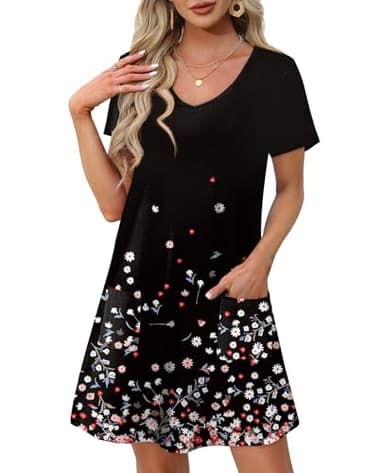 OFEEFAN Summer Dresses for Women 2025 V Neck Short Sleeve Tee Shirts Dress with Pockets Beach Vacation Essentials Fashion Sundresses with Pockets Floral 15 L - Image 2