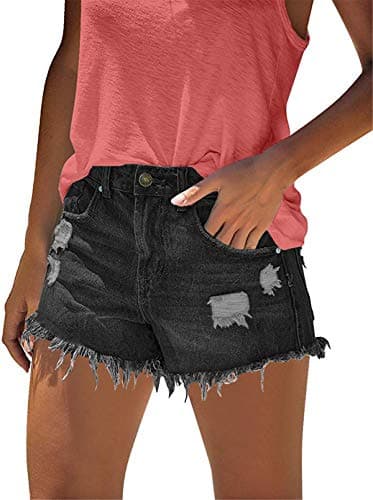 MODARANI Boyfriend Cut Off Cute Denim Shorts Womens Distressed Jean Short Casual Frayed Shorts Black XXL - Image 2