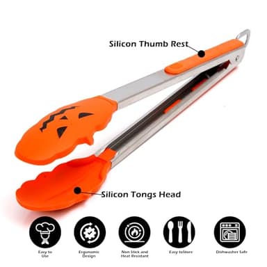 Kitchen Tongs for Cooking, Premium Stainless Steel with Halloween Design Silicon Tips- 500℉ Heat Resistant, Bats and Pumpkins Halloween Gifts, Set of 2(9" and 12") - Image 2
