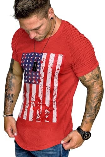 COOFANDY Men's Muscle American Flag T-Shirt Pleated Raglan Sleeve Gym Tee Short Sleeve Fashion Shirts - Image 1