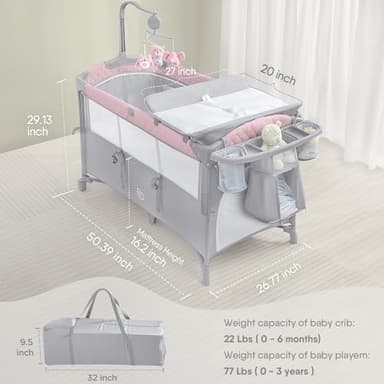 ADOVEL Baby Bassinet Bedside Crib, Pack and Play with Mattress, Diaper Changer and Playards from Newborn to Toddles, Pink - Image 6