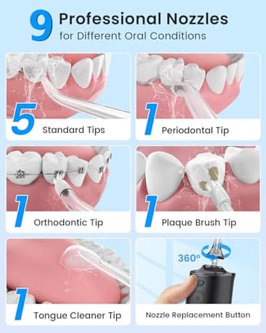 VIMMK Water Flosser, Cordless Water Dental Flosser, 9 Jet Tips 5 Modes 300ML IPX7 Waterproof, Portable Rechargeable Oral Irrigator for Home Travel - Gums, Orthodontic, Braces Care - Black - Image 3