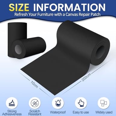 Self-Adhesive Canvas Repair Tape, 4" x 79" Waterproof Canvas Repair Patch, Fabric Patch Repairs Kit for Furniture, Tents, Sunbrellas, Boat Covers Awnings, Couches, Clothes, Bags Black - Image 2