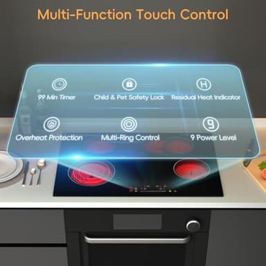 Zarbaco 30 inch Electric Cooktop 4 Burner, 7200W Built-in Stove Top Burner with Sensor Touch Control, Radiant Electric Ceramic Cooktop with Safety Lock, 9 Level Power, 99 Min Timer - Hard Wire - Image 6