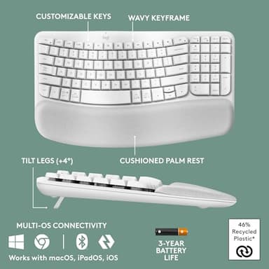 Logitech Wave Keys Wireless Ergonomic Keyboard with Cushioned Palm Rest, Comfortable Natural Typing, Easy-Switch, Bluetooth, Logi Bolt Receiver, for Multi-OS, Windows/Mac - Off White - Image 6