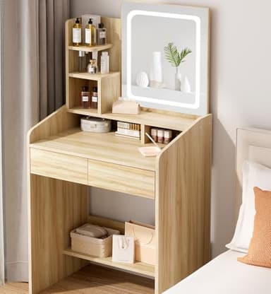 LIVELYGLOW Small Makeup Vanity Desk with Lighted Mirror, Wooden, 23.62" W x 15.74" D x 53.93" H (Smart LED Mirror, Open Shelves, 2 Drawers) - Image 1