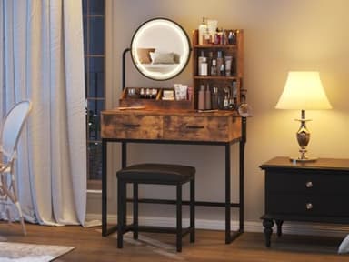 Vabches Makeup Vanity Desk with Round Mirror and Lights, Vanity Makeup Table with 2 Drawers, Small Vanity Table for Bedroom with Lots Storage (Brown with Charging, 15.75 * 31.5 * 53.6in - Image 6