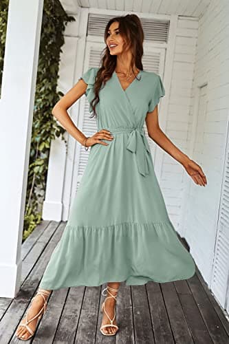 PRETTYGARDEN Women's Summer Floral Boho Dress Wrap V Neck Short Sleeve Ruffle A-Line Flowy Maxi Wedding Guest Dresses (Solid Green,Large) - Image 2