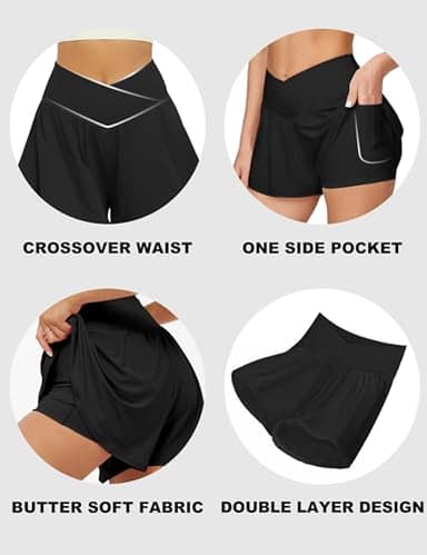 FireSwan Crossover Athletic Shorts for Women 2 in 1 Flowy Running Shorts with Pockets Spandex Butterfly Workout Tennis Skorts Black - Image 4
