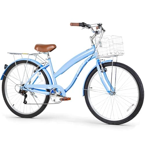 WEIZE Beach Cruiser Bike, 26 inch Commuter Bicycle for Adult Men and Women, 7-Speed/High-Carbon Steel/Front & Rear Fenders, Comfortable City Bikes with Rear Rack&Basket, Ergonomic Upright Design, Blue - Image 1