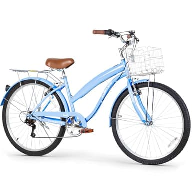 WEIZE Beach Cruiser Bike, 26 inch Commuter Bicycle for Adult Men and Women, 7-Speed/High-Carbon Steel/Front & Rear Fenders, Comfortable City Bikes with Rear Rack&Basket, Ergonomic Upright Design, Blue - Image 1