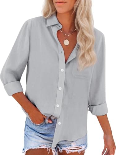Womens Button Down Shirts Cotton Dress Shirts Oxford Shirts Long Sleeve Work Blouses Collared Tops Tunics with Pocket-Light Gray XL - Image 1