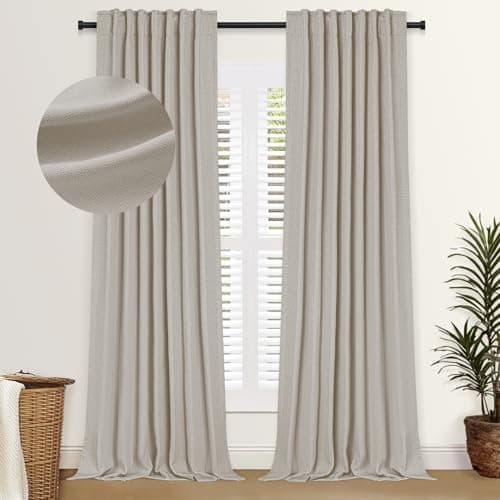 100% Blackout Shield Faux Linen Blackout Curtains for Bedroom 84 Inches Long, Back Tab/Rod Pocket Room Darkening Drapes for Living Room 2 Panels Set, 50" W x 84" L, Thatched Tan - Image 1
