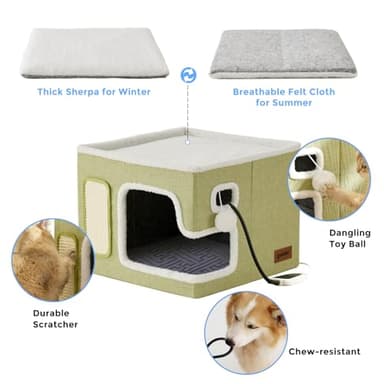 ZOMISIA Heated Cat House for Indoor Cats - Cat Warming Bed for Winter with Fluffy Ball Hanging and Adjustable Heating Pad, Foldable Cat Hideaway,16.5x16.5x13 inches, Grey - Image 6