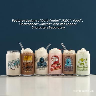 JoyJolt Star Wars Retro Vintage Collection 16.9oz Glass Tumblers - Featuring Darth Vader, R2D2, Yoda, Chewbacca, Red Leader, Jawa - Original Trilogy Drinkware, Set of 6 with Glass Straws - Image 6