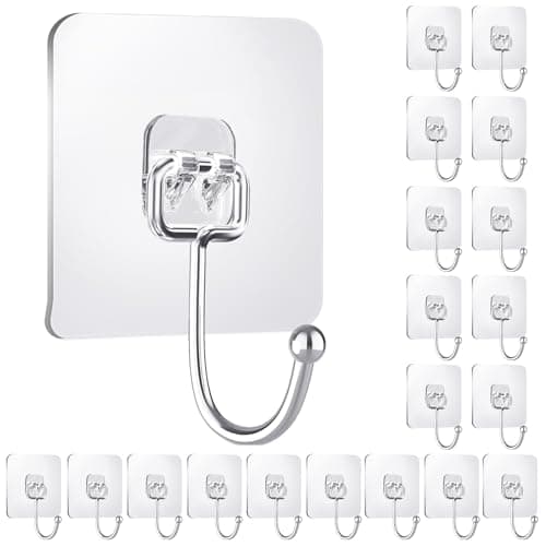 IBERDE 20 Pack Large Clear Adhesive Hooks for Hanging, Stick On Wall Mount Hooks Stainless Steel Metal Hook for Bathroom, Shower, Kitchen, Door,Drill Free No Damage Utility Hooks - Image 1