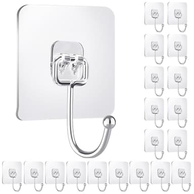 IBERDE 20 Pack Large Clear Adhesive Hooks for Hanging, Stick On Wall Mount Hooks Stainless Steel Metal Hook for Bathroom, Shower, Kitchen, Door,Drill Free No Damage Utility Hooks - Image 1