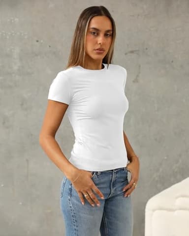 Abardsion Women's Casual Basic Going Out Crop Tops Slim Fit Short Sleeve Crew Neck Tight T Shirts 2025 (White, S) - Image 2