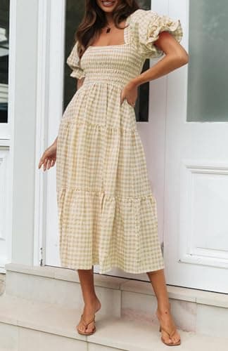 ZESICA Women's 2025 Bohemian Summer Plaid Square Neck Puff Sleeve Ruffle Flowy Beach Midi Dress,Beige,Large - Image 8