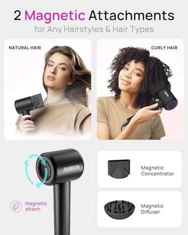 Hair Dryer, High-Speed Ionic Low Noise Blow Dryer with Brushless Motor for Fast Drying, Thermo-Control Quiet Compact Hair Blow Dryer with Magnetic Diffuser for Curly Hair for Home Travel Salon - Image 5