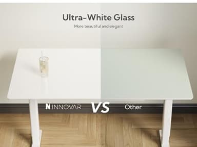 INNOVAR Glass Standing Desk with Drawers, 55×27.6 Inch Adjustable Stand Up Desk Quick Install Home Office Computer Desk, Super White - Image 4