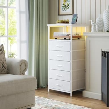 Fixwal Tall Nightstand with Charging Station and LED Lights, Night Stand with PU Finish Fabric Storage Drawers, 5 Drawer Dresser, White - Image 7