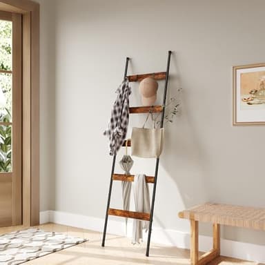 ELYKEN Blanket Ladder for Living Room, Farmhouse 5-Tier Quilt Holder with 4 Removable Hooks for Bathroom, Wood Towel Rack Display, Wall Anchor Leaning Decorative Stand for Home, Rustic Brown - Image 6