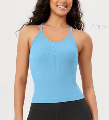 ODODOS Women's 3-Pack Seamless Cami Tops Ribbed Camisole Tank Top, Aqua+Orange+Cyan Blue, Medium/Large - Image 2
